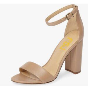 FSJ Nude Chunky High Heel Sandals Open Toe Ankle Strap Single Band Dress Shoe